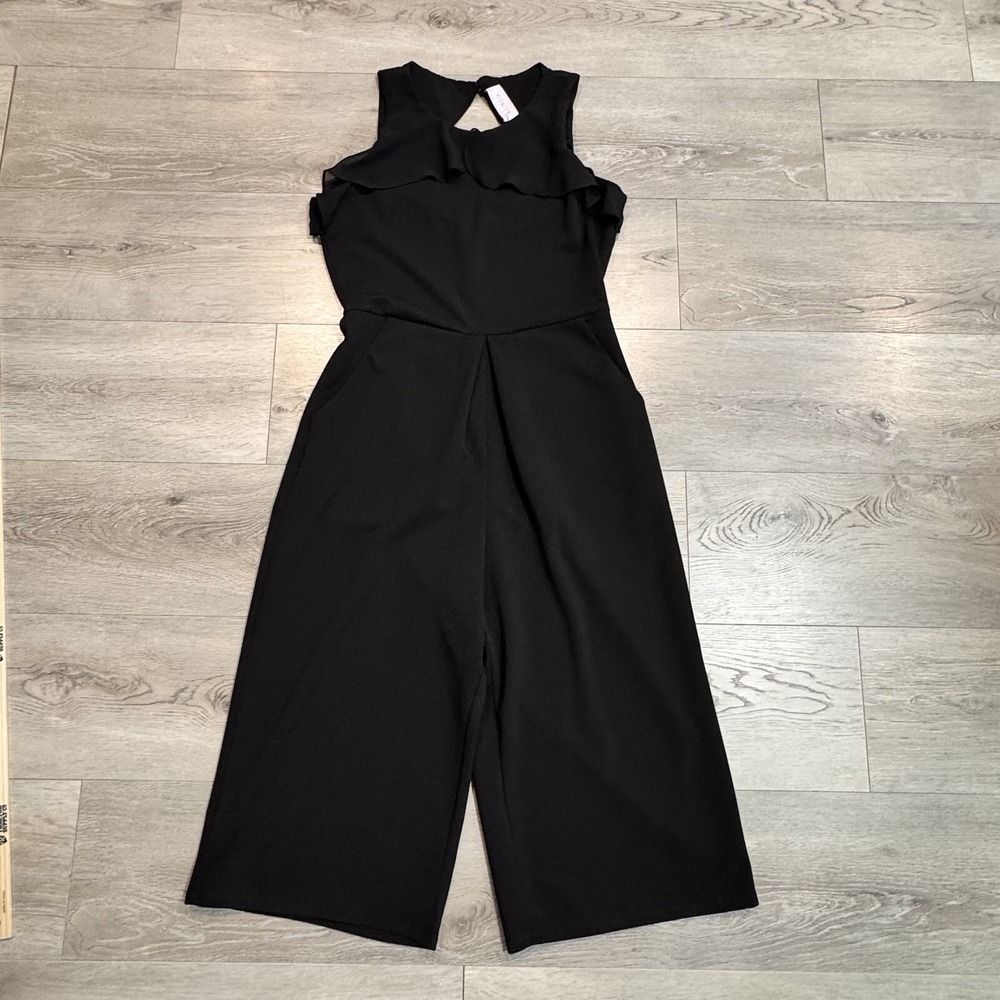 Superfoxx Jumpsuit Medium M Black Women Wide Leg‎ Crop Ruffle Chiffon Trim